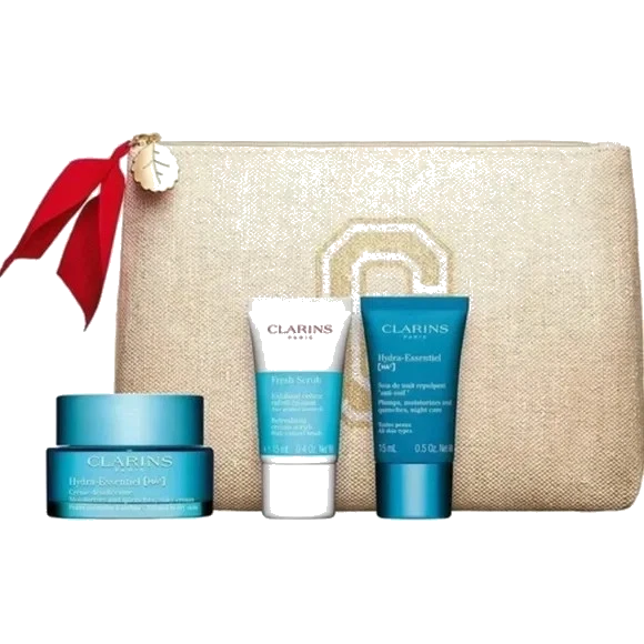 Clarins Hydra-Essentiel Collection Moisturizer & Fresh Scrub & Pouch Face Set