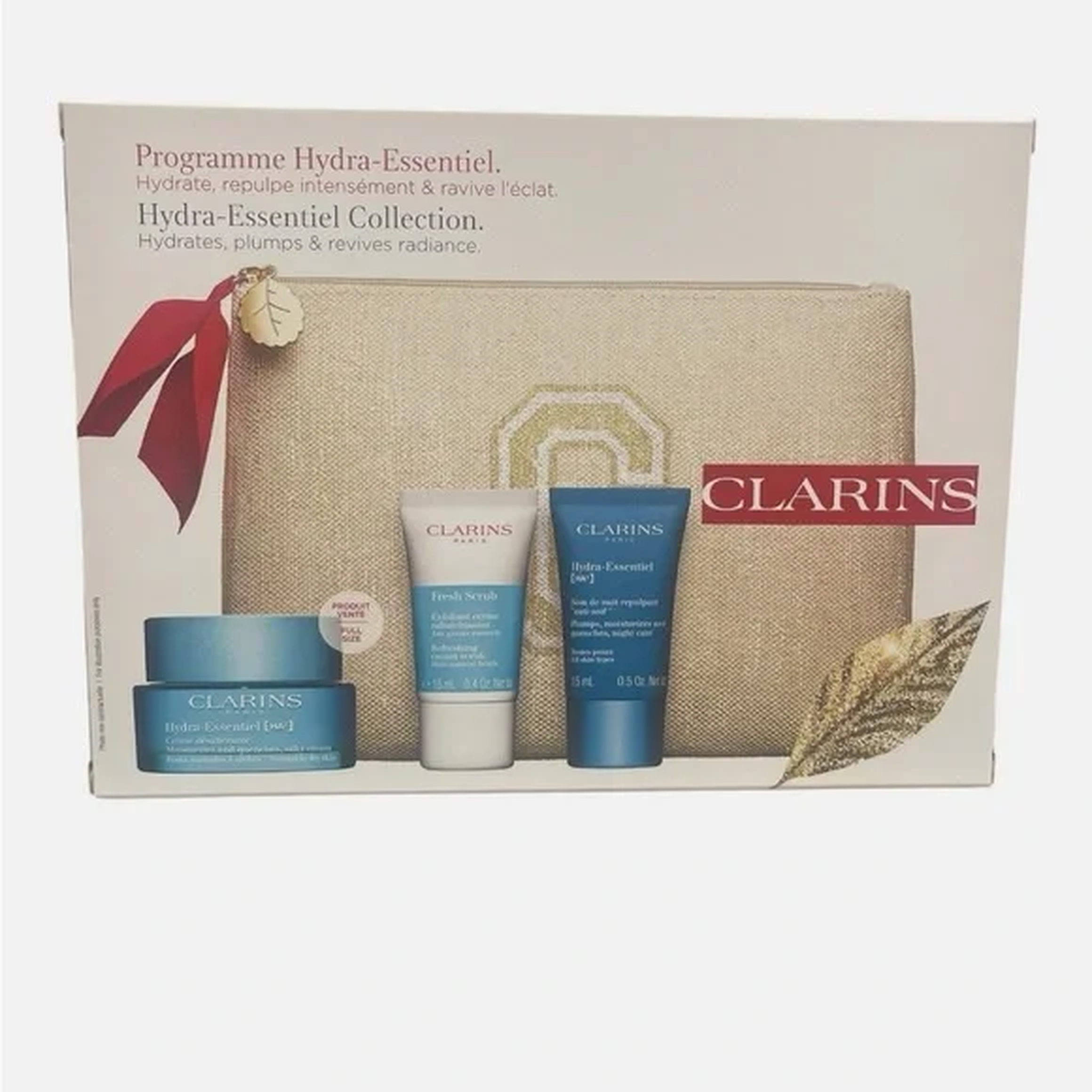 Clarins Hydra-Essentiel Collection Moisturizer & Fresh Scrub & Pouch Face Set