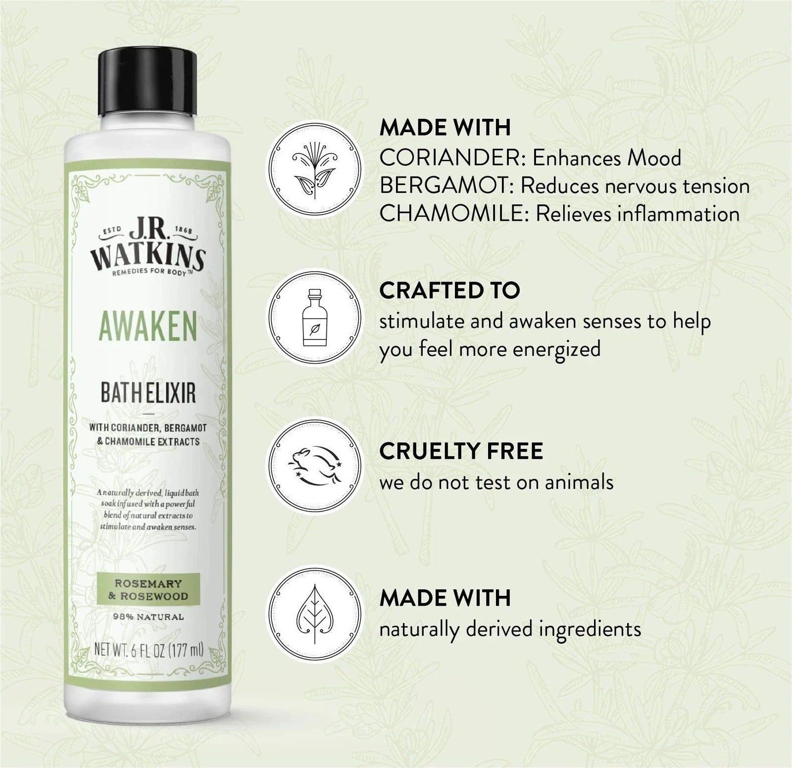 J.R. Watkins Awaken Bath Elixir, Liquid Bath Soak, Rosemary & Rosewood 6 oz