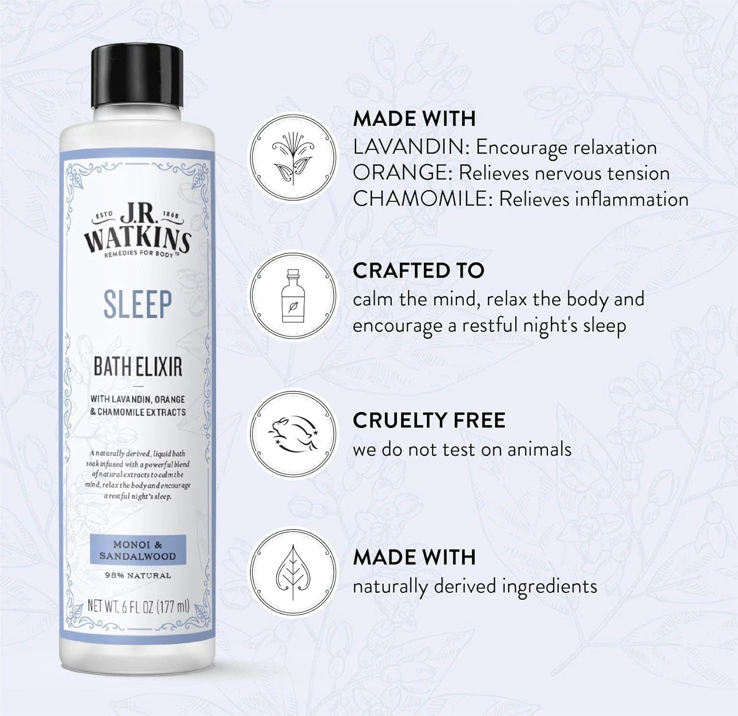 J.R. Watkins Sleep Bath Elixir, Liquid Bath Soak, Monoi & Sandalwood 6 oz