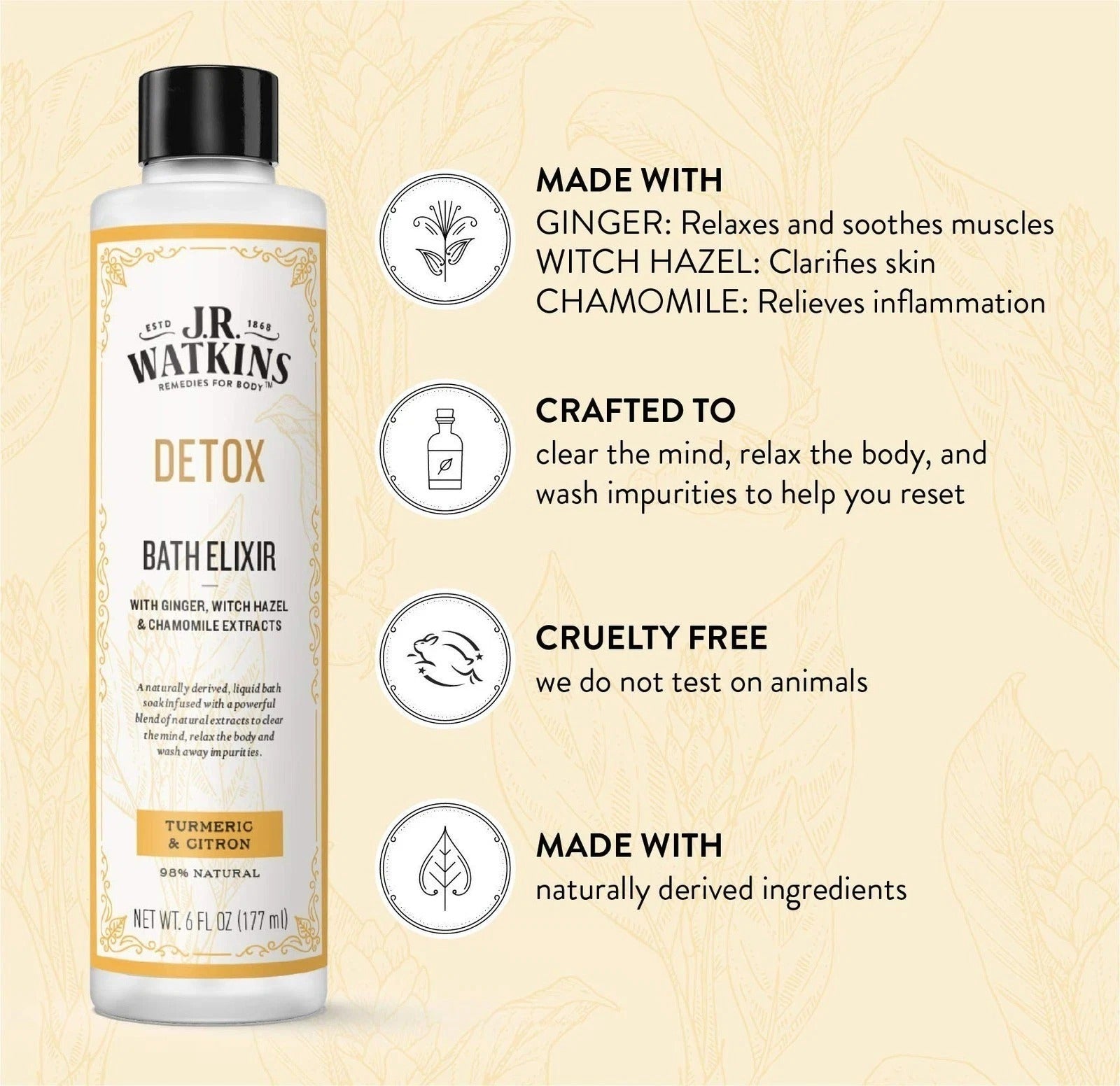 J.R. Watkins Detox Bath Elixir, Turmeric & Citron Bath Soak, 98% Natural-6 Fl Oz